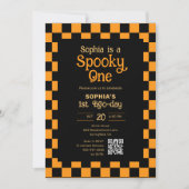 Invitation Retro Spooky One Checkered Orange 1st Birthday (Devant)
