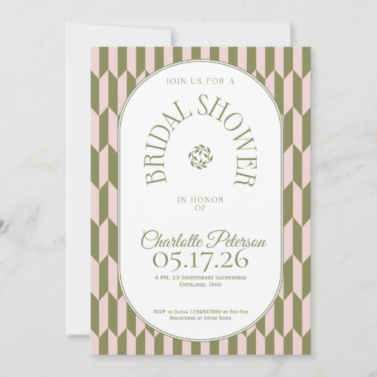Invitation Retro stripe olive pink typography Bridal Shower (Devant)