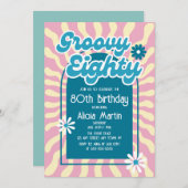 Invitation Retro Sun Wave Daisy Bleu Super 80e anniversaire (Devant / Derrière)