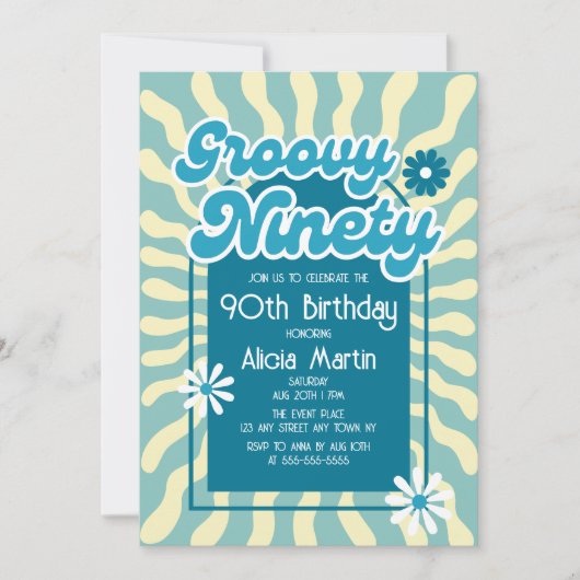 Invitation Retro Sun Wave Daisy Bleu Super 90e anniversaire (Devant)