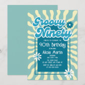 Invitation Retro Sun Wave Daisy Bleu Super 90e anniversaire (Devant / Derrière)