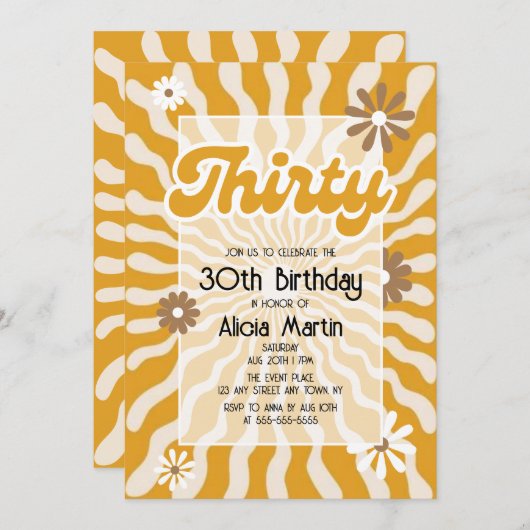Invitation Retro Sun Wave Daisy Brown 30e anniversaire (Devant / Derrière)