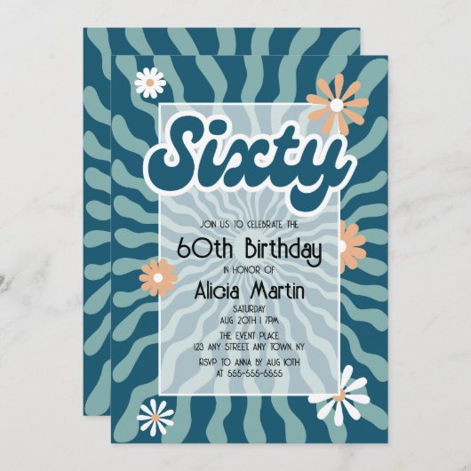 Invitation Retro Sun Wave Daisy Green 60e anniversaire (Devant / Derrière)