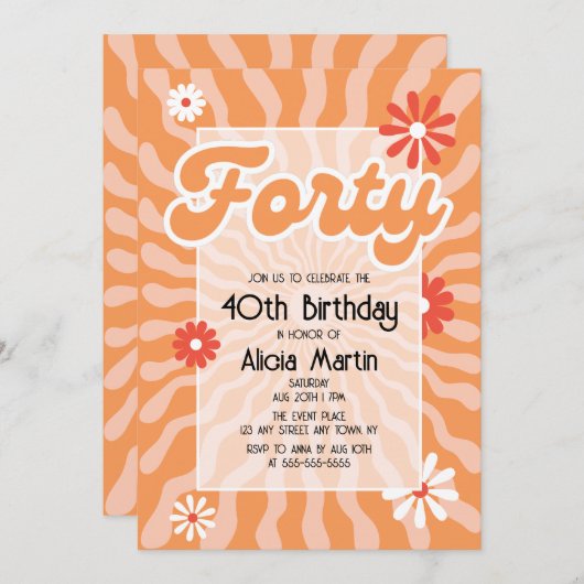 Invitation Retro Sun Wave Daisy Quarante 40e anniversaire (Devant / Derrière)