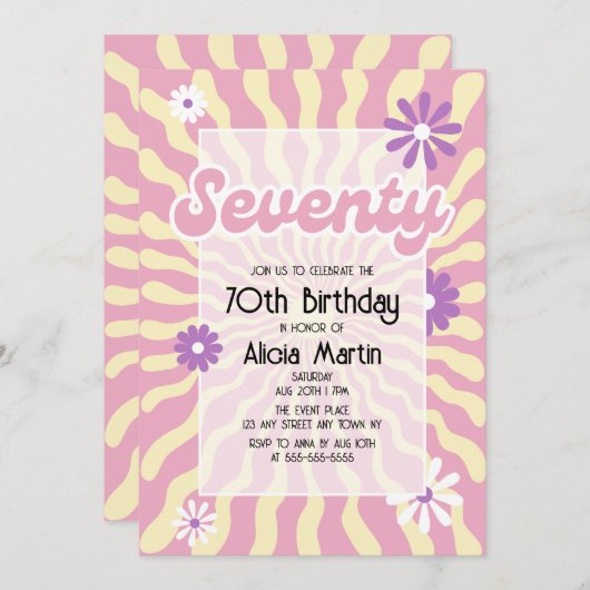 Invitation Retro Sun Wave Daisy rose 70e anniversaire Invitat (Devant / Derrière)