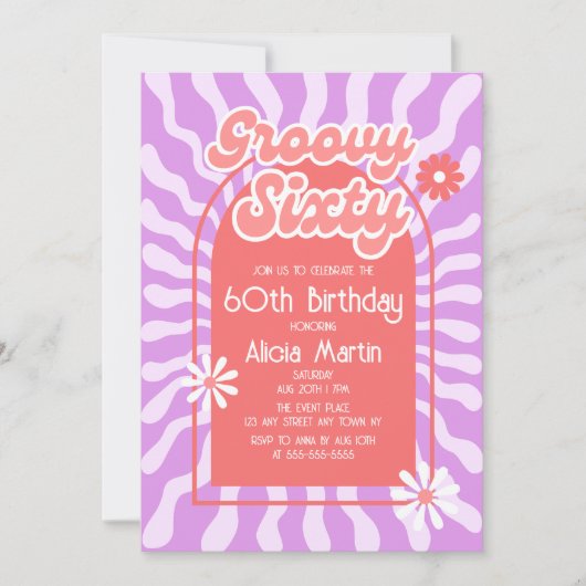 Invitation Retro Sun Wave Daisy Rouge Super 60e anniversaire (Devant)
