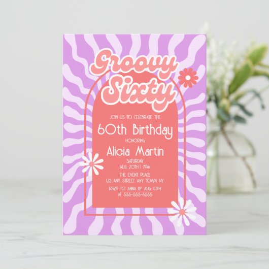 Invitation Retro Sun Wave Daisy Rouge Super 60e anniversaire (Debout devant)