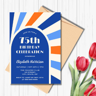 Invitation Retro Sunburst Arch Typographie Anniversaire Bleu