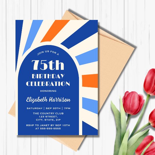 Invitation Retro Sunburst Arch Typographie Anniversaire Bleu