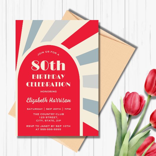Invitation Retro Sunburst Arch Typographie Anniversaire Rouge