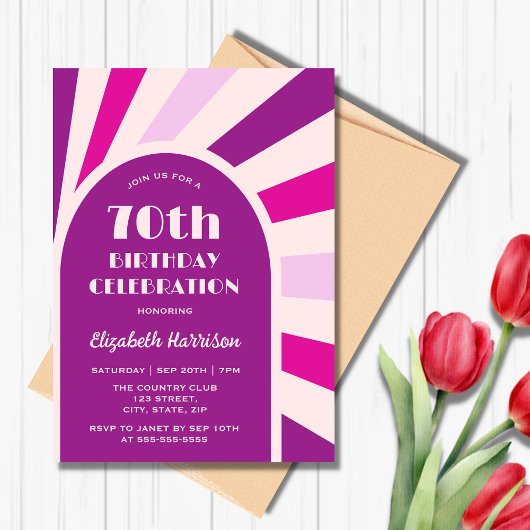 Invitation Retro Sunburst Arch Typographie Anniversaire viole