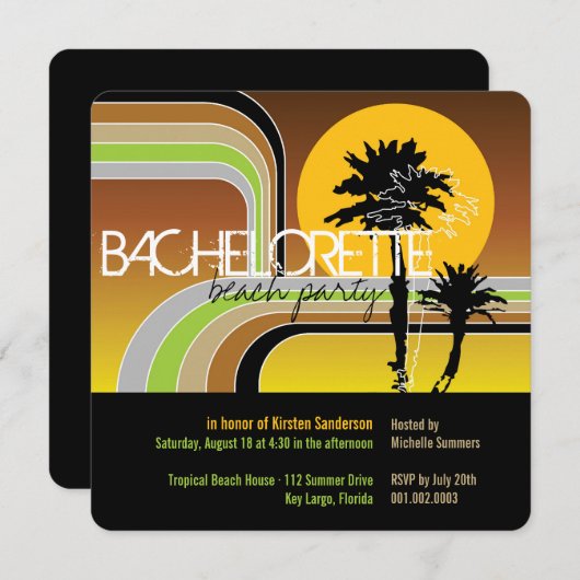 Invitation Retro Sunset Tropical Palm Tree Bachelorette Party (Devant / Derrière)