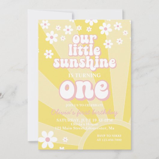Invitation Retro Sunshine daisy boho premier anniversaire flo (Devant)