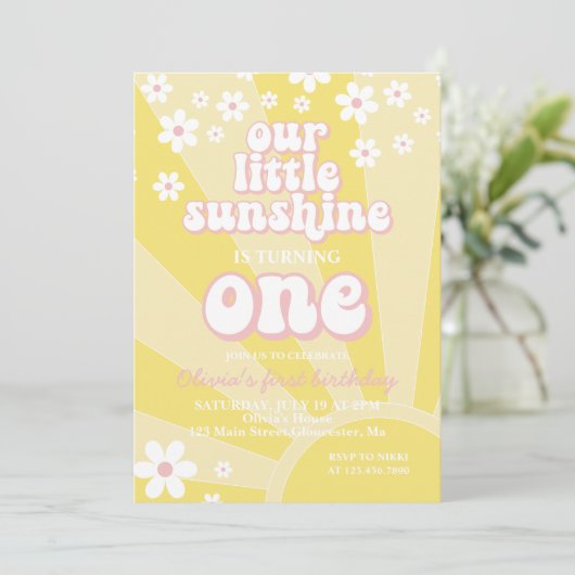 Invitation Retro Sunshine daisy boho premier anniversaire flo (Debout devant)