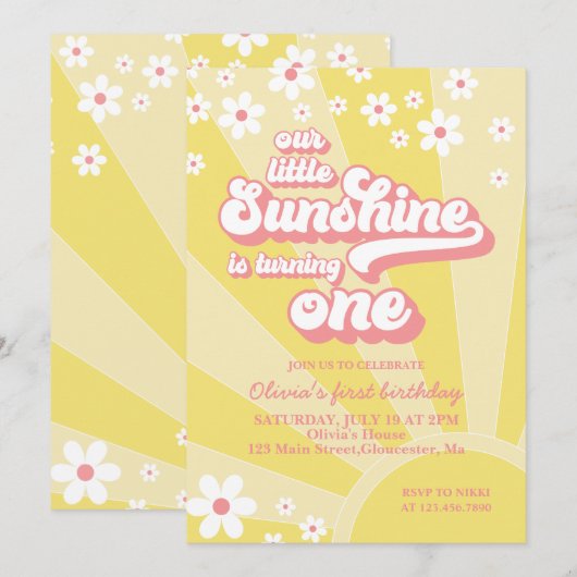 Invitation Retro Sunshine marguerite boho floral premier anni (Devant / Derrière)