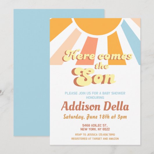 Invitation Retro Sunshine Sun Baby shower de garçon à thème (Devant / Derrière)