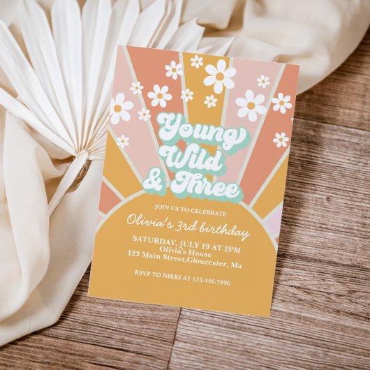 Invitation Retro Sunshine Young Wild Trois daisy boho floral 