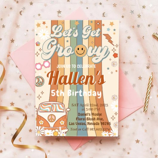 Invitation Retro Super Boho Daisy Rainbow Anniversaire