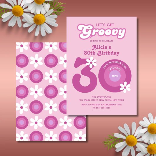 Invitation Retro Super Daisies Bold Pink 30e anniversaire