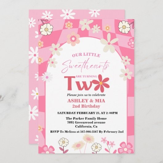 Invitation Retro Super Daisy Boho Twin 2e anniversaire (Devant / Derrière)