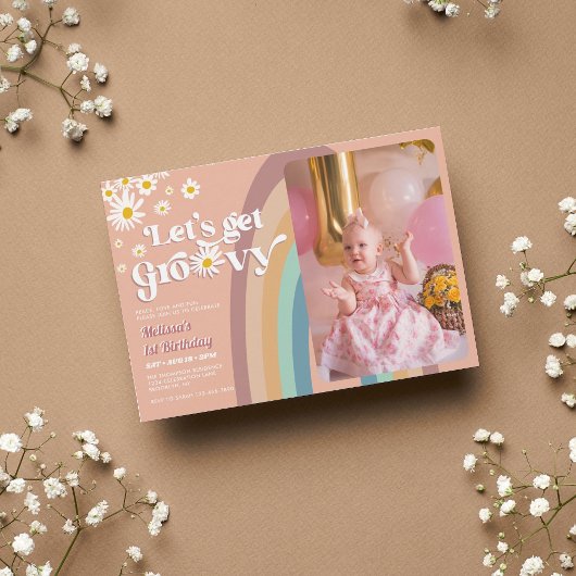 Invitation Retro Super Daisy Rainbow Photo Anniversaire
