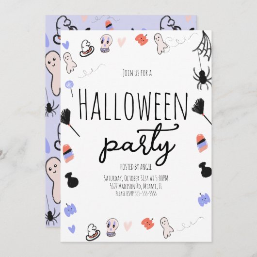 Invitation Retro Super Halloween Party Doodles Vintages (Devant / Derrière)