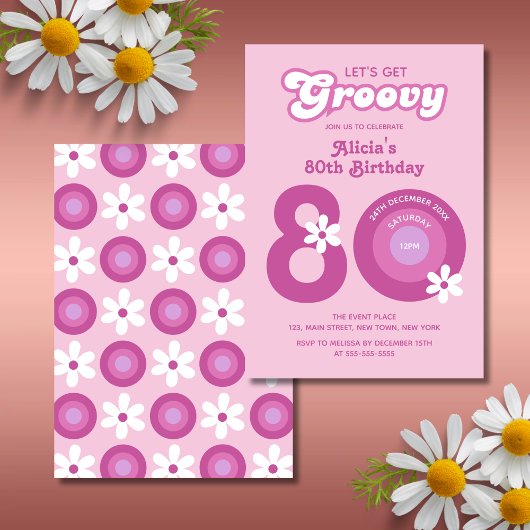 Invitation Retro Super marguerites Bold rose 80e anniversaire