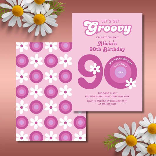 Invitation Retro Super marguerites Bold rose 90e anniversaire