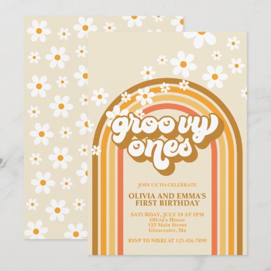 Invitation Retro Super Ones Rainbow Brown Twin Anniversaire (Devant / Derrière)