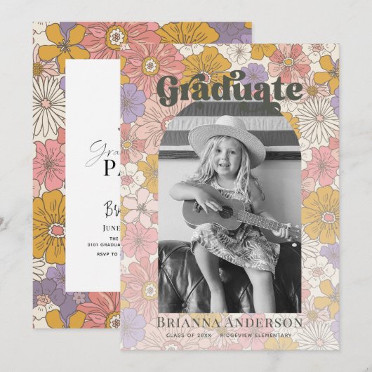 Invitation Retro Super Rose Arch Floral Enfants Graduation (Devant / Derrière)