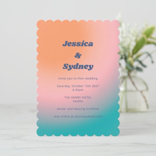 Invitation Rétro Super Turquoise rose orange Mariage unique (Debout devant)