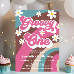 Invitation Retro Super Un 1er anniversaire rose fille turquoi