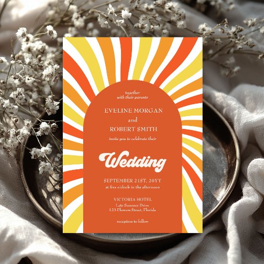 Invitation Rétro super vagues orange jaune soleil mariage