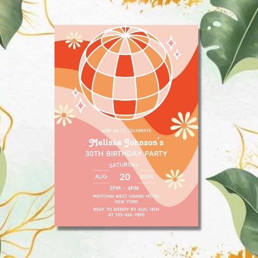 Invitation Retro Super Wave Disco Ball Daisy rose Anniversair