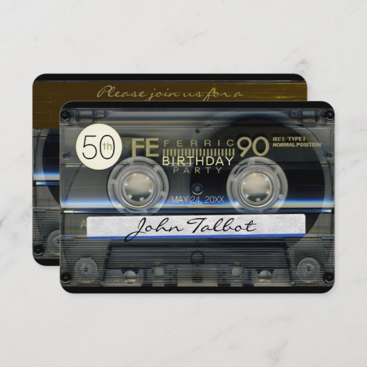 Invitation Retro T1 Cassette bande 50e anniversaire fêté Inv. (Devant / Derrière)