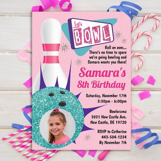 Invitation Retro Tenpin Bowling Party en rose et Turquoise ph