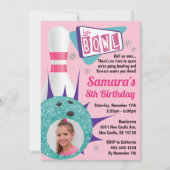 Invitation Retro Tenpin Bowling Party en rose et Turquoise ph (Devant)