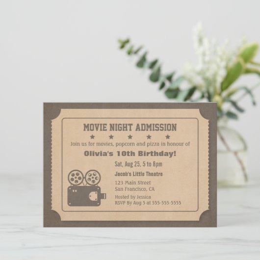 Invitation Retro Ticket Movie Nuit Anniversaire Fête (Debout devant)