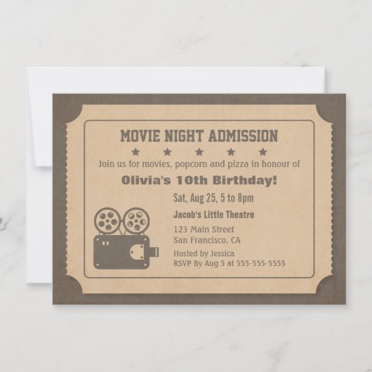 Invitation Retro Ticket Movie Nuit Anniversaire Fête (Devant)