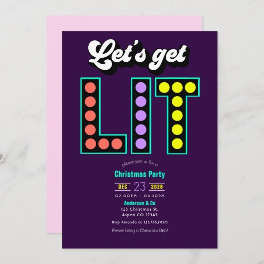 Invitation Retro Tinsel Let's Get Lit Retro Christmas Party (Devant / Derrière)