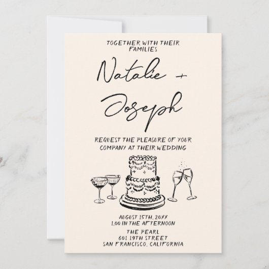 Invitation Rétro Tout en une main tiré Mariage original écrit (Devant)
