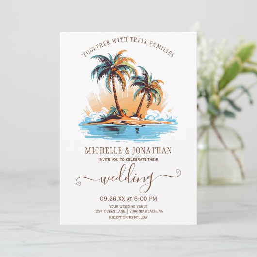 Invitation Retro Tropical Beach Destination Mariage (Debout devant)