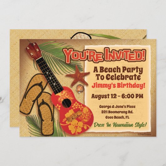 Invitation Retro Tropical Beach Party (Devant / Derrière)