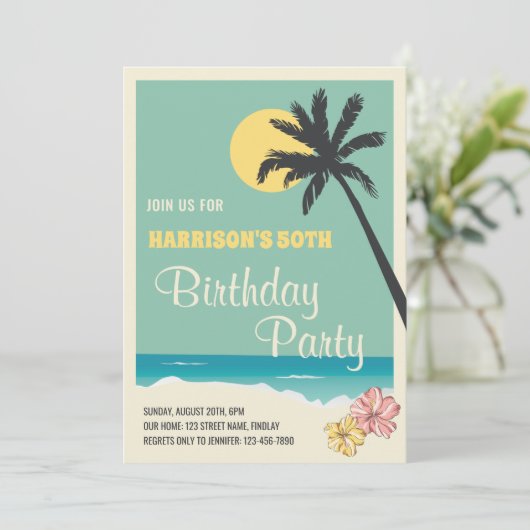 Invitation Retro Tropical Beach pour adultes fête d'anniversa (Debout devant)