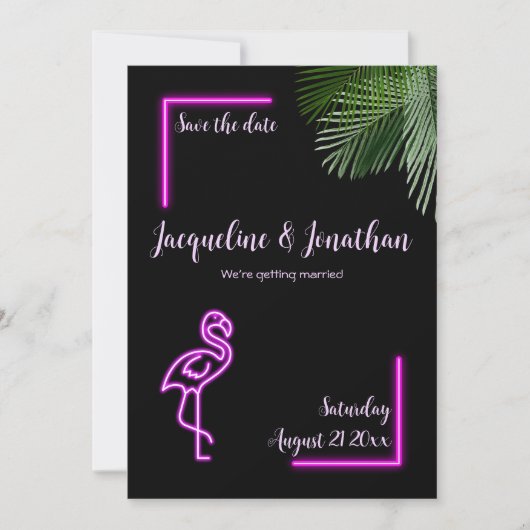Invitation Retro Tropical Neon Flamant rose rose Enregistrer  (Devant)