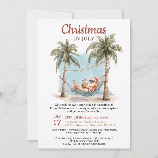 Invitation Retro Tropical Père Noël Hammock Noël en juillet (Devant)