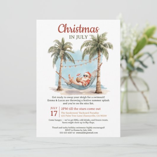 Invitation Retro Tropical Père Noël Hammock Noël en juillet (Debout devant)
