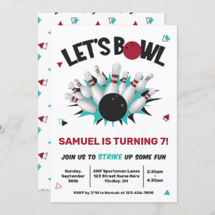 Invitation Retro Turquoise et Red Bowling fête d'anniversaire