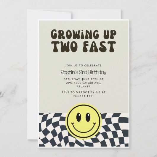 Invitation Retro Two Fast Boy 2e fête d'anniversaire à damier (Devant)