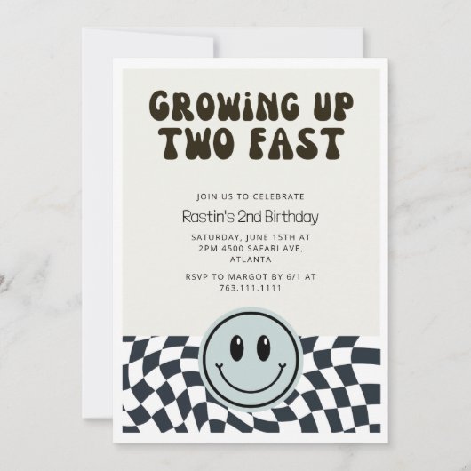 Invitation Retro Two Fast Boy 2e fête d'anniversaire à damier (Devant)